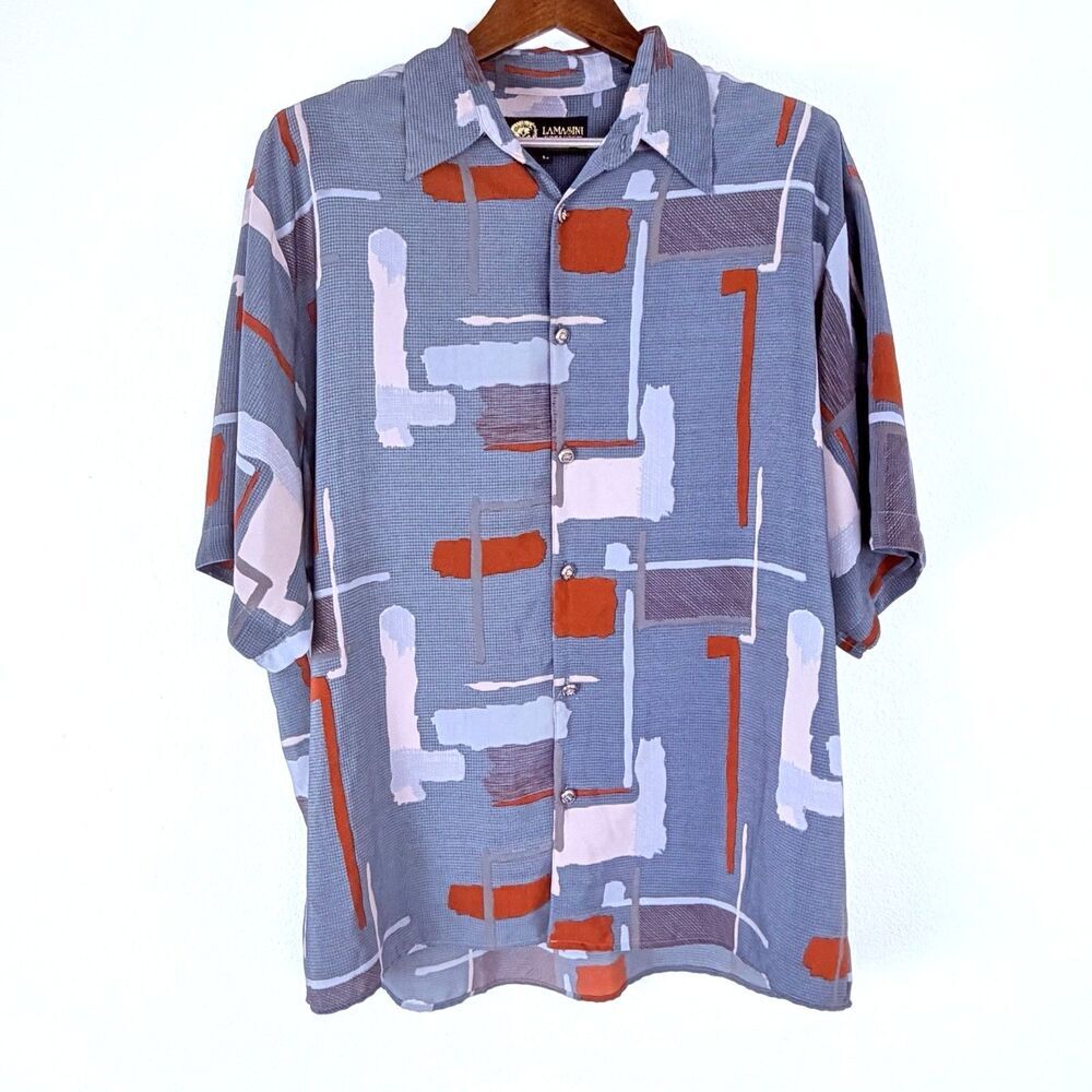 Lamasini Mens Large Abstract Button Up Shirt Microfiber USA Made Casual